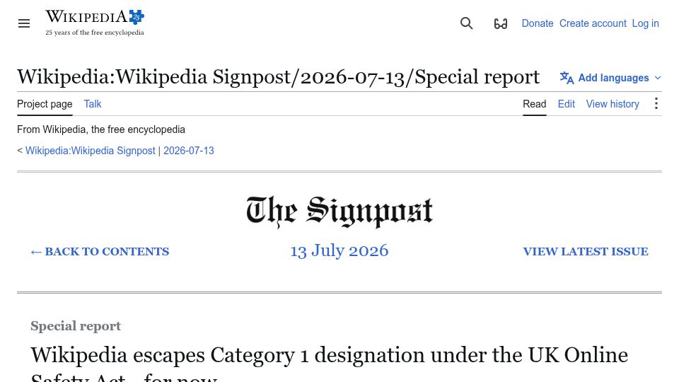 Screenshot of en.wikipedia.org: Wikipedia escapes Category 1 designation under the UK Online Safety Act for now