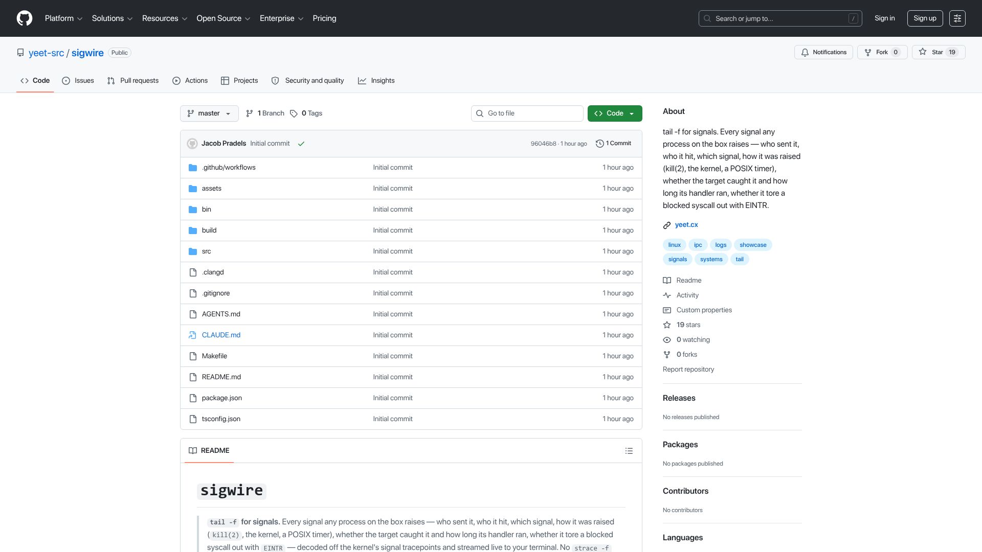 Screenshot of github.com: Show HN: Sigwire – a live TUI switchboard for every signal on your Linux box