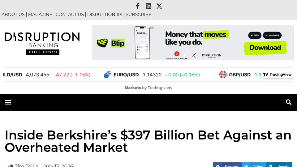 Screenshot of disruptionbanking.com: Berkshire's $397B Bet Against an Overheated Market