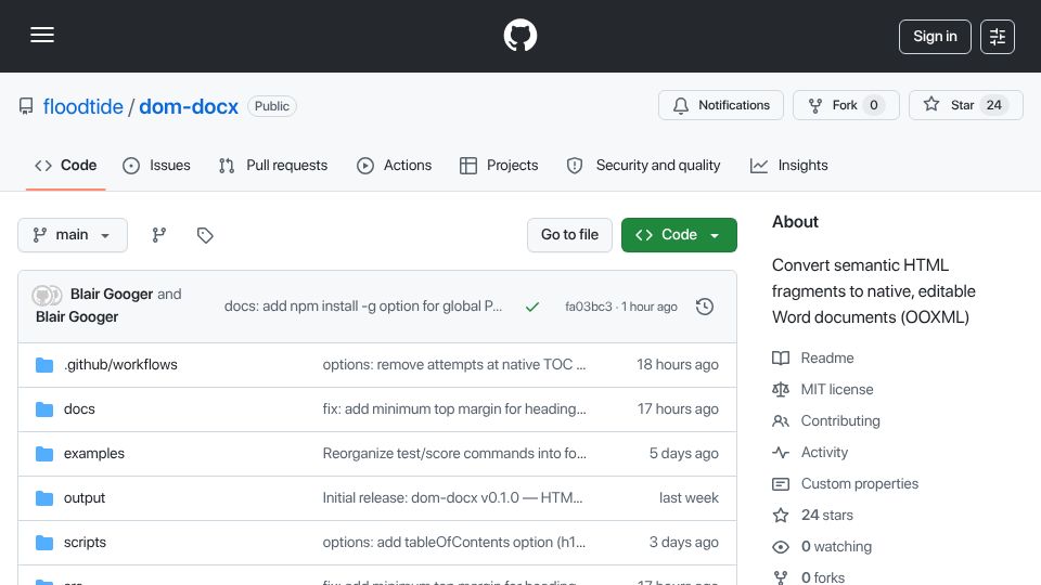 Screenshot of github.com: Show HN: DOM-docx – HTML to native, editable Word docs (MIT)
