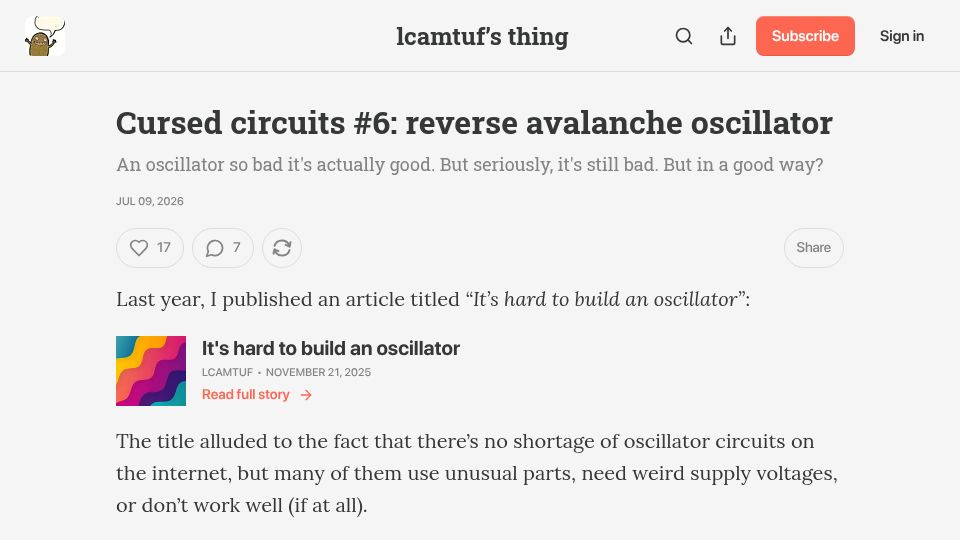 Screenshot of lcamtuf.substack.com: Cursed circuits #6: reverse avalanche oscillator