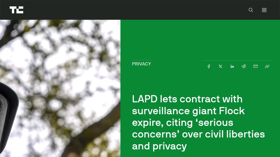 Screenshot of techcrunch.com: LAPD lets contract with surveillance giant Flock expire