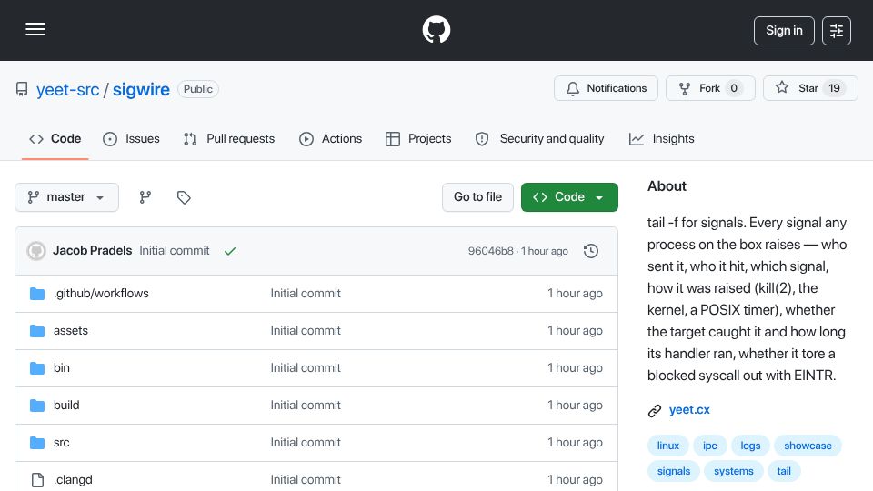 Screenshot of github.com: Show HN: Sigwire – a live TUI switchboard for every signal on your Linux box