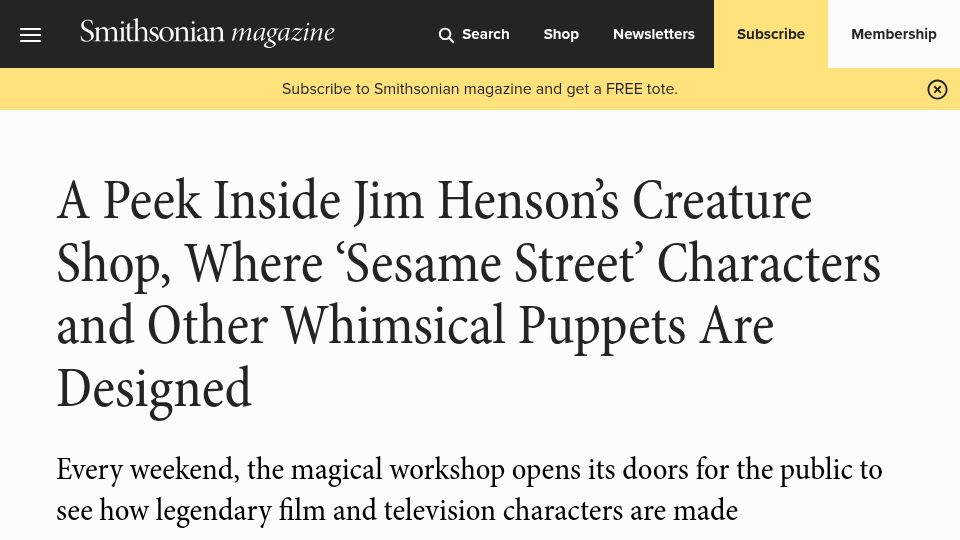 Screenshot of smithsonianmag.com: A Peek Inside Jim Henson's Creature Shop, Where Whimsical Puppets Are Designed