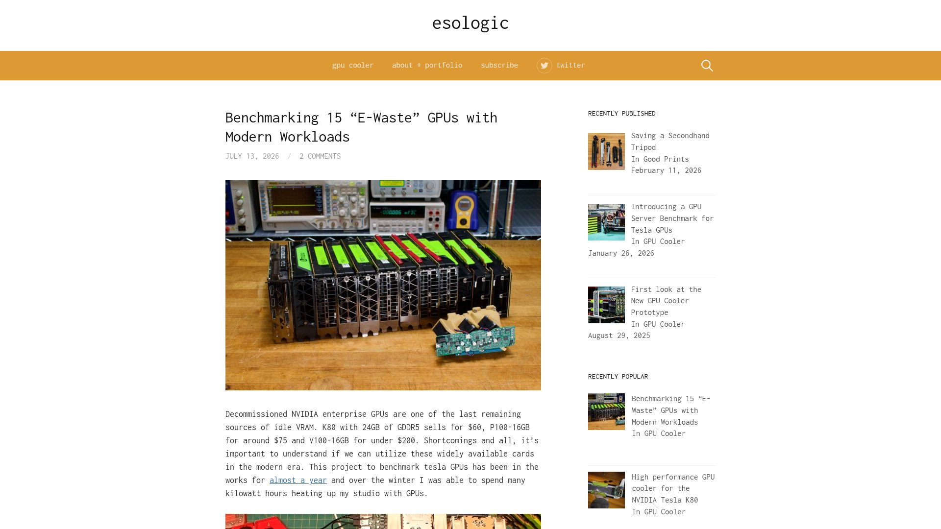 Screenshot of esologic.com: Benchmarking 15 “E-Waste” GPUs with Modern Workloads