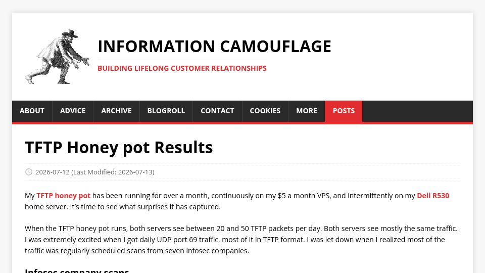 Screenshot of bruceediger.com: TFTP Honey Pot Results