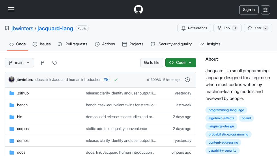 Screenshot of github.com: Show HN: Jacquard, a programming language for AI-written, human-reviewed code