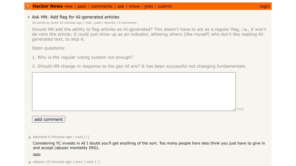 Screenshot of Hacker News post: Ask HN: Add flag for AI-generated articles