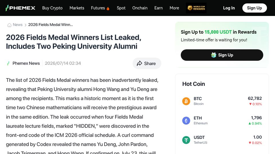 Screenshot of phemex.com: Codex scraped the ICM website and discovered 2026 Fields Medal winner list