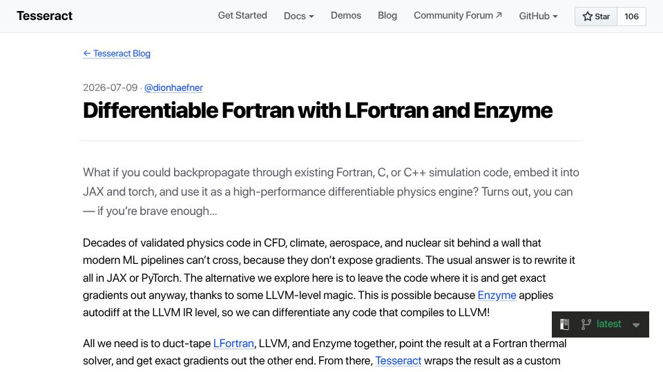 Screenshot of docs.pasteurlabs.ai: Differentiable Fortran with LFortran and Enzyme