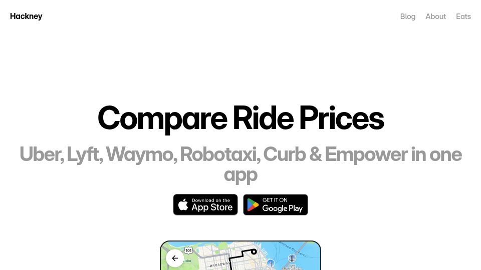 Screenshot of hackney.app: Show HN: Hackney – Compare Uber, Lyft, Waymo, and Robotaxi Prices