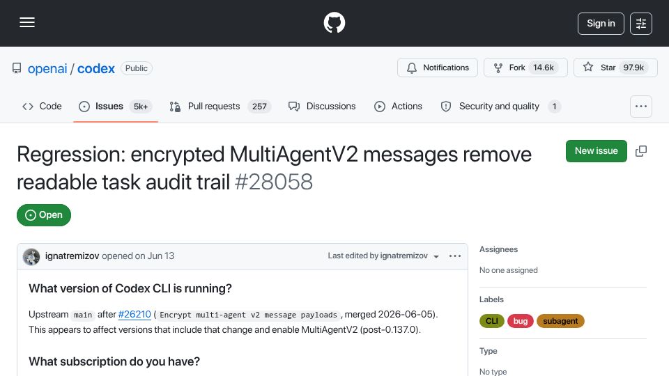 Screenshot of github.com: Codex starts encrypting sub-agent prompts