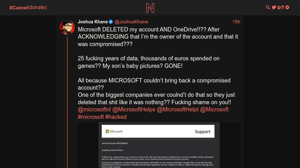 Screenshot of xcancel.com: Microsoft deleted my account and OneDrive