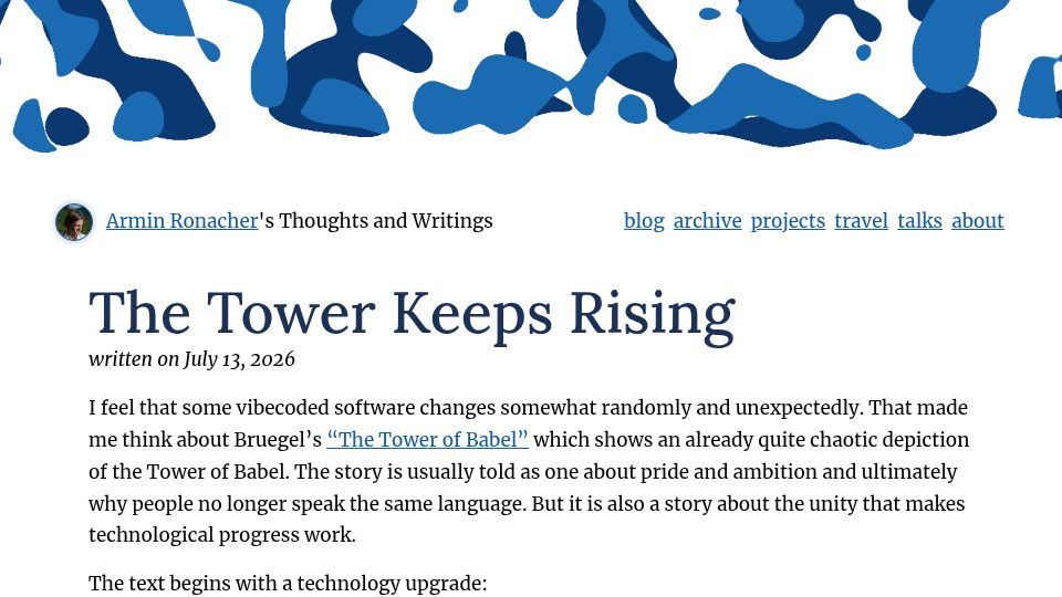 Screenshot of lucumr.pocoo.org: The Tower Keeps Rising