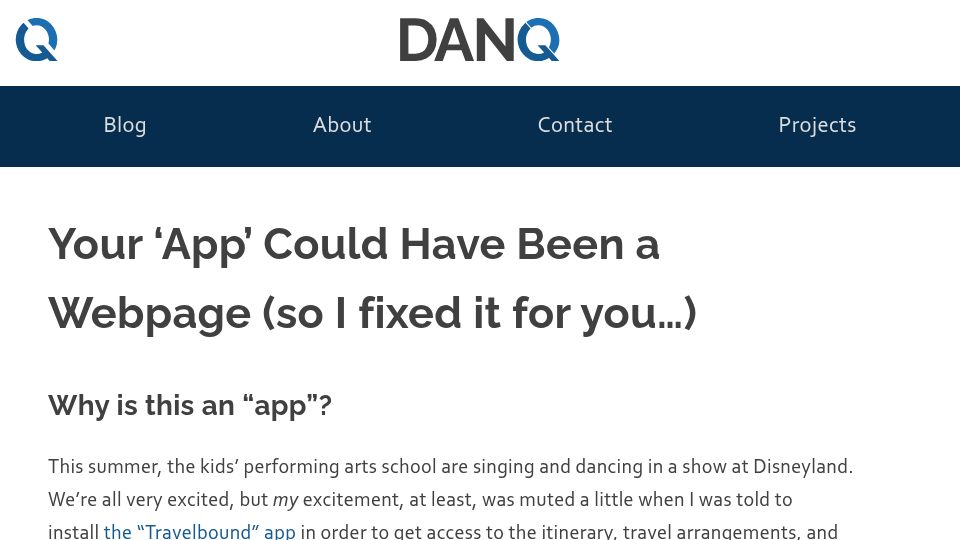 Screenshot of danq.me: Your 'app' could have been a webpage (so I fixed it for you)