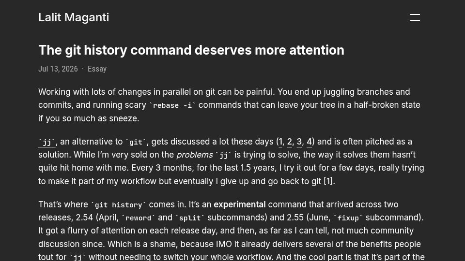 Screenshot of lalitm.com: The git history command