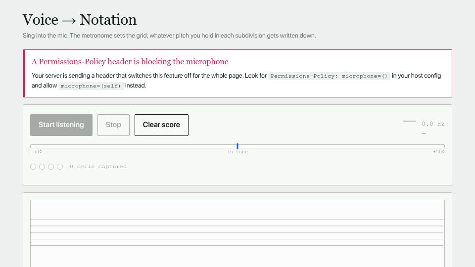 Screenshot of om-intelligence.ch: Turn your singing voice into printable notes (in the browser)