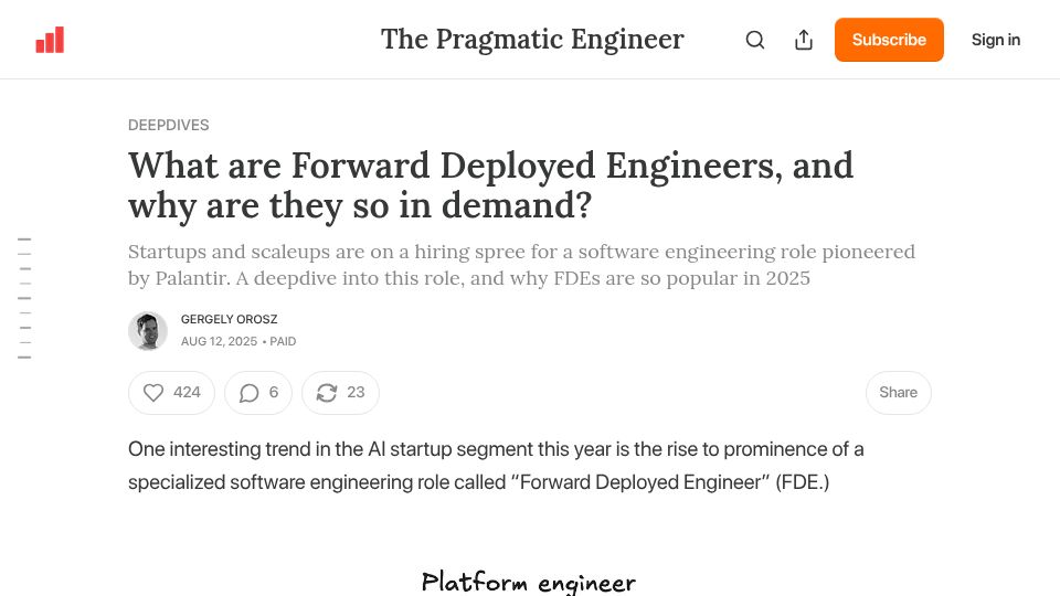 Screenshot of newsletter.pragmaticengineer.com: What are Forward Deployed Engineers, and why are they so in demand? (2025)