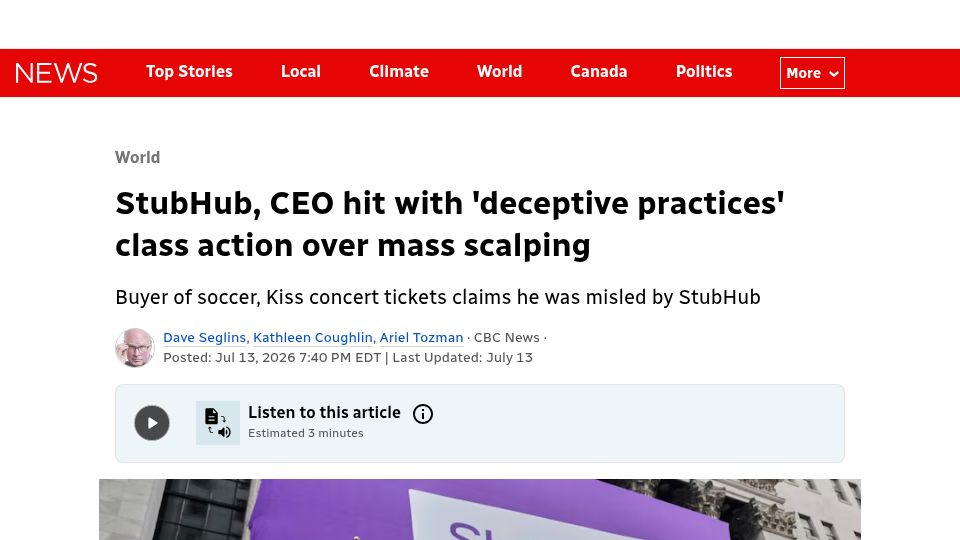 Screenshot of cbc.ca: StubHub, CEO hit with ‘deceptive practices’ class action over mass scalping