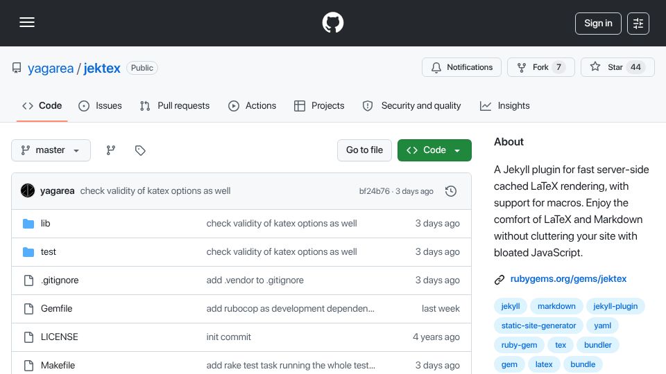 Screenshot of github.com: Jektex 0.2.0 – A Jekyll plugin for LaTeX rendering is now ~10x faster