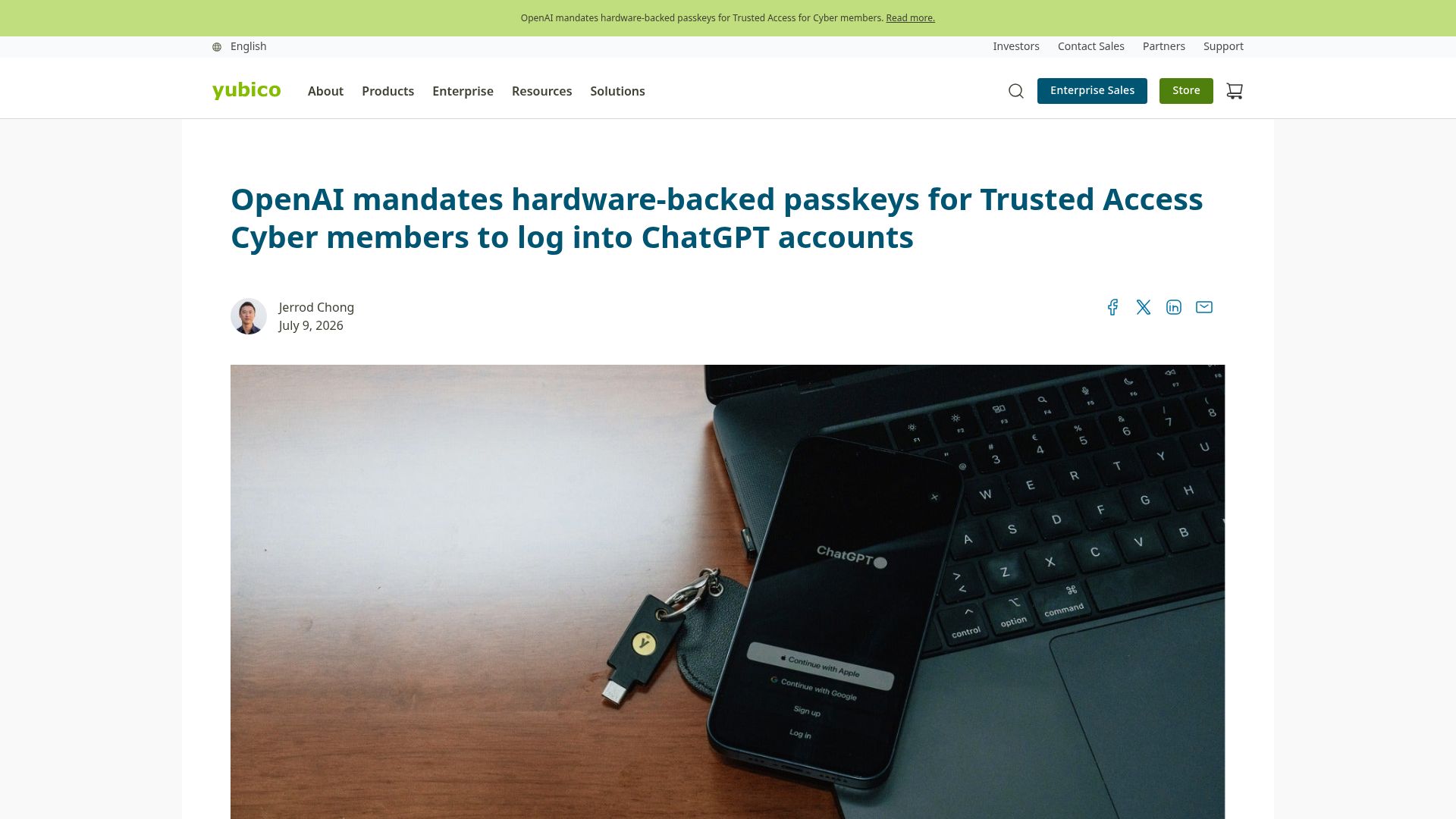 Screenshot of yubico.com: OpenAI mandates hardware-backed passkeys for Trusted Access Cyber members