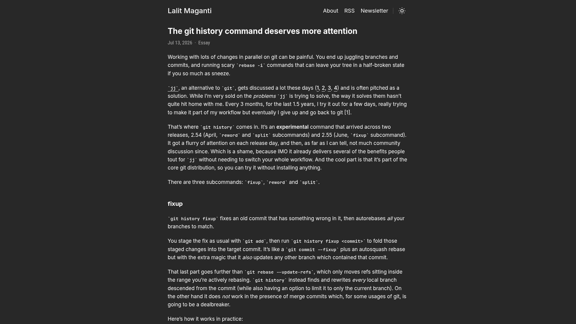 Screenshot of lalitm.com: The git history command