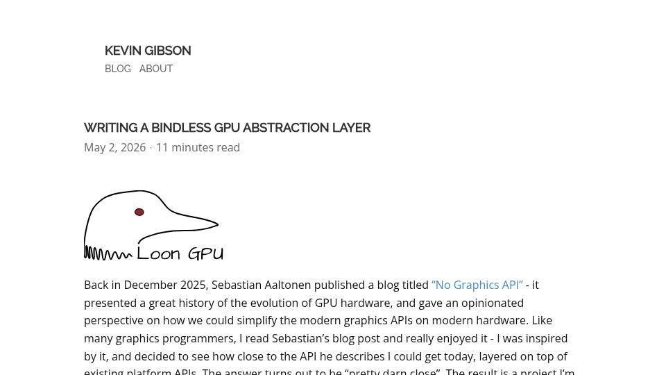 Screenshot of kevin-gibson.com: Writing a bindless GPU abstraction layer