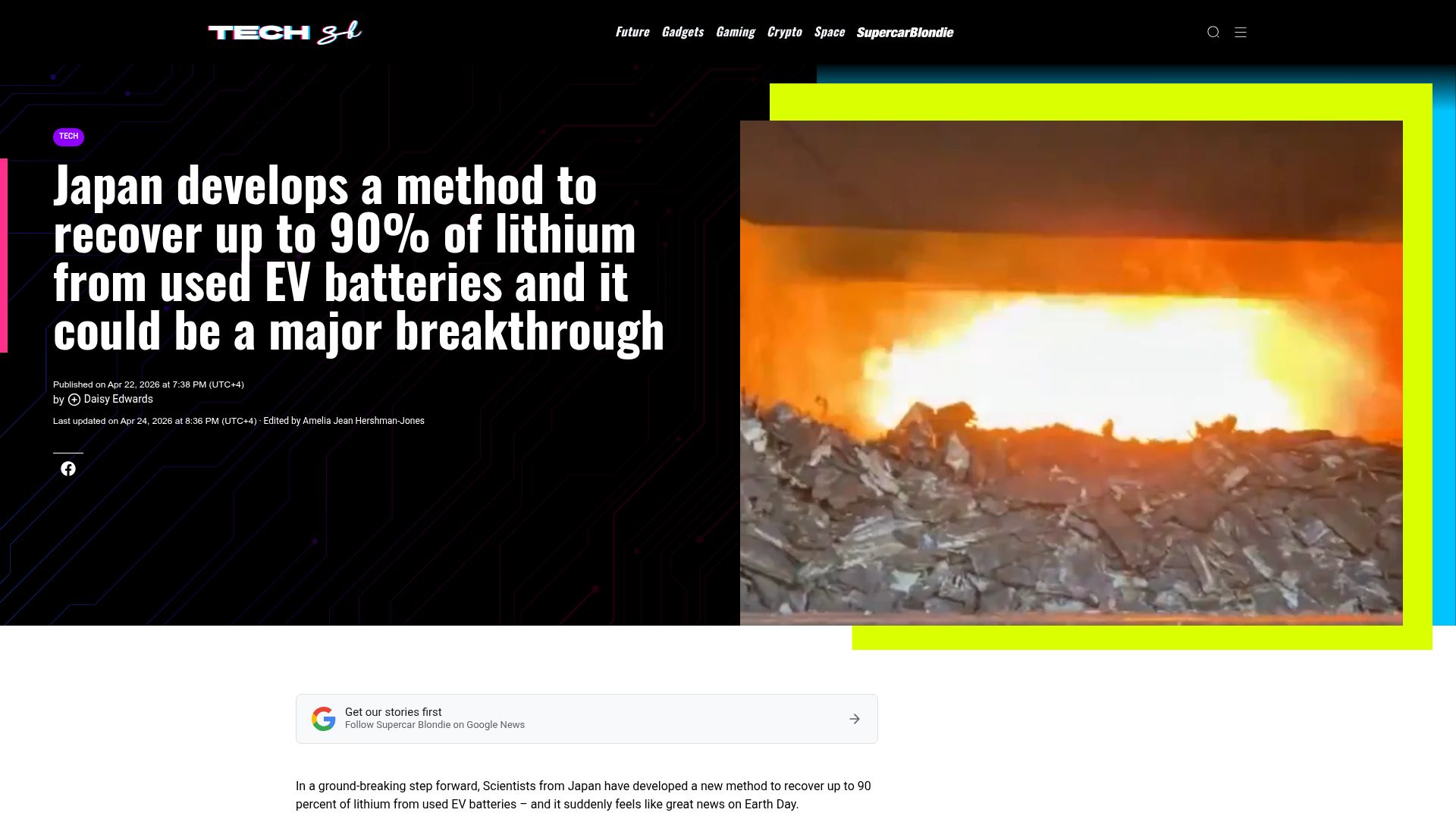 Screenshot of tech.supercarblondie.com: Japan develops a method to recover up to 90% of lithium from used EV batteries