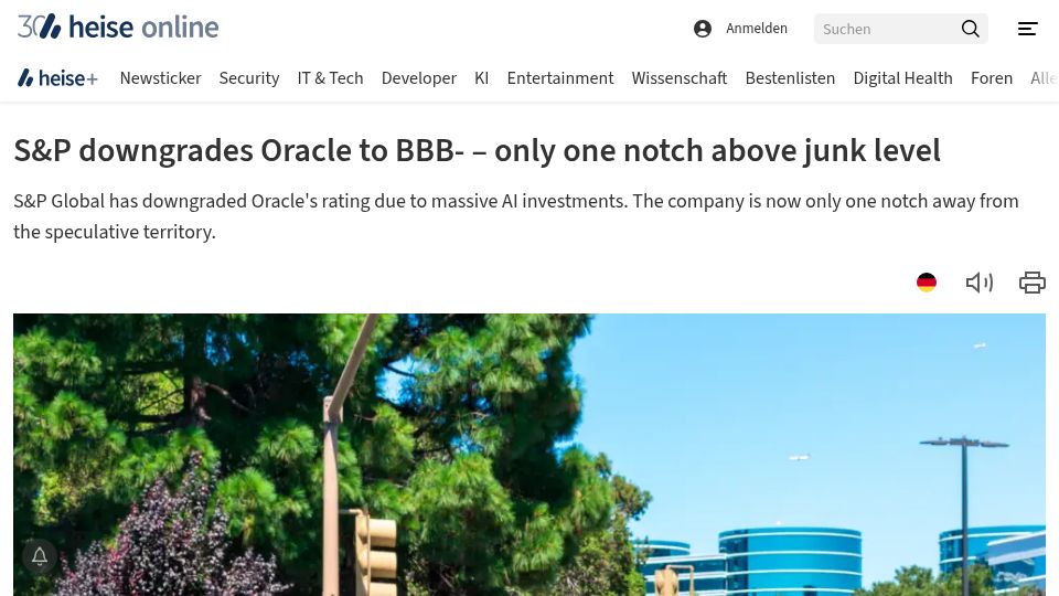 Screenshot of heise.de: S&P downgrades Oracle to BBB – only one notch above junk level