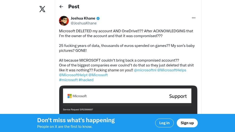 Screenshot of twitter.com: Microsoft deleted my account and OneDrive