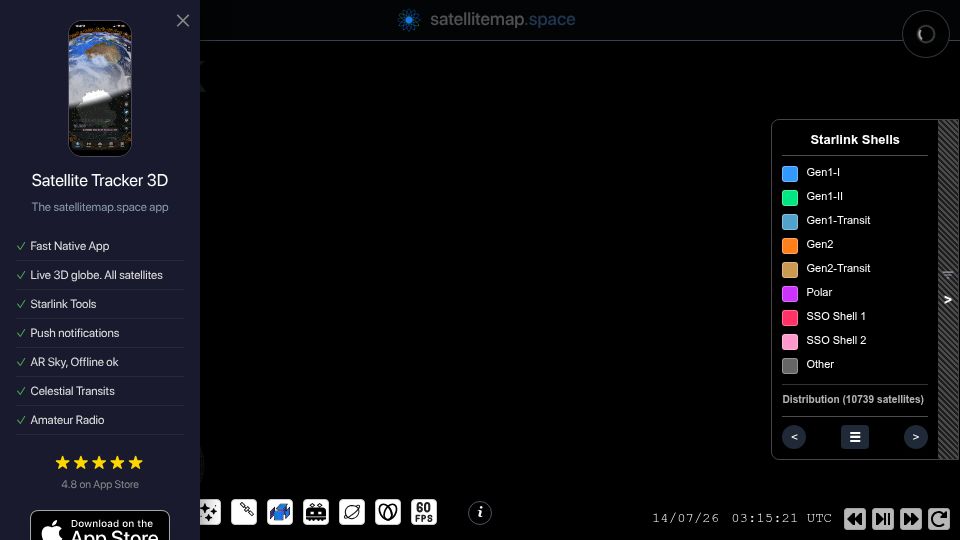 Screenshot of satellitemap.space: Satellite Tracker – Live Map of Starlink and 30k Satellites
