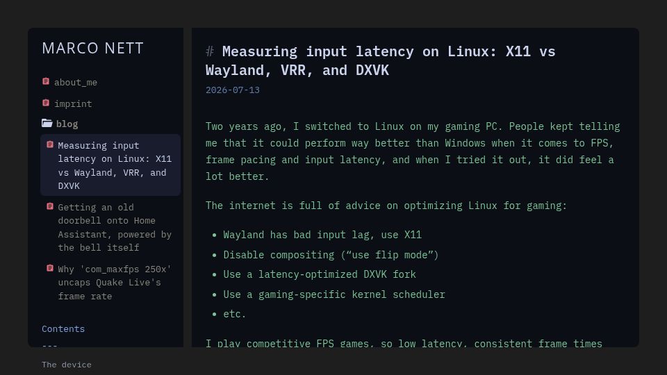 Screenshot of marco-nett.de: Measuring Input Latency on Linux: X11 vs. Wayland, VRR, and DXVK