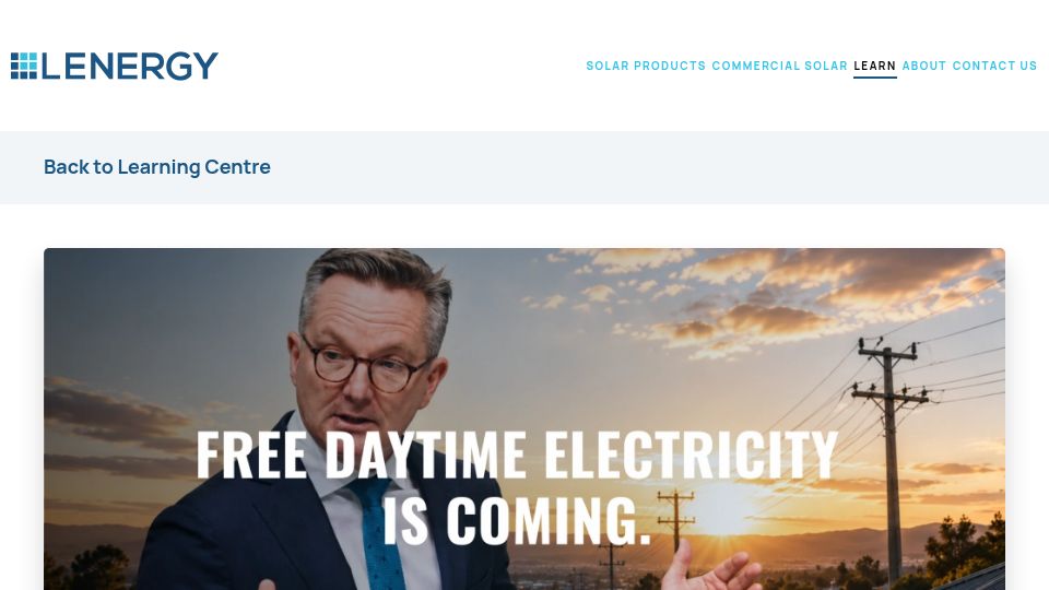 Screenshot of lenergy.com.au: Australian energy retailers must offer three hours of free daytime electricity