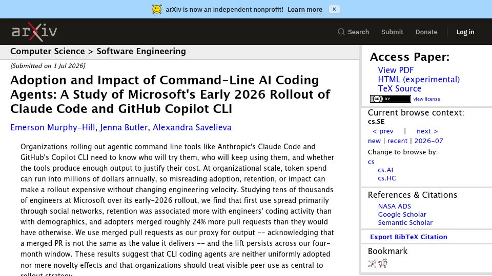 Screenshot of arxiv.org: A Study of Microsoft's Early 2026 Rollout of Claude Code and GitHub Copilot CLI