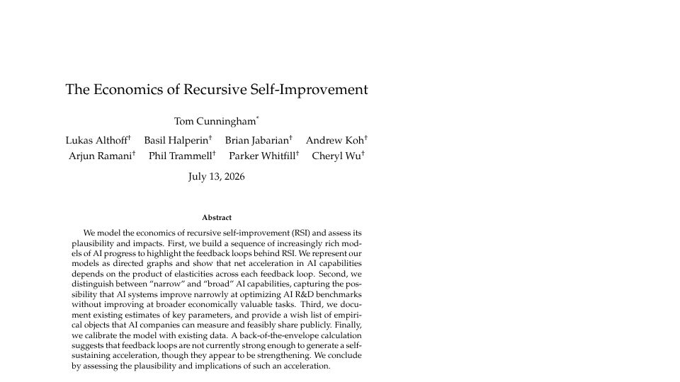 Screenshot of elasticity.institute: The Economics of Recursive Self-Improvement [pdf]