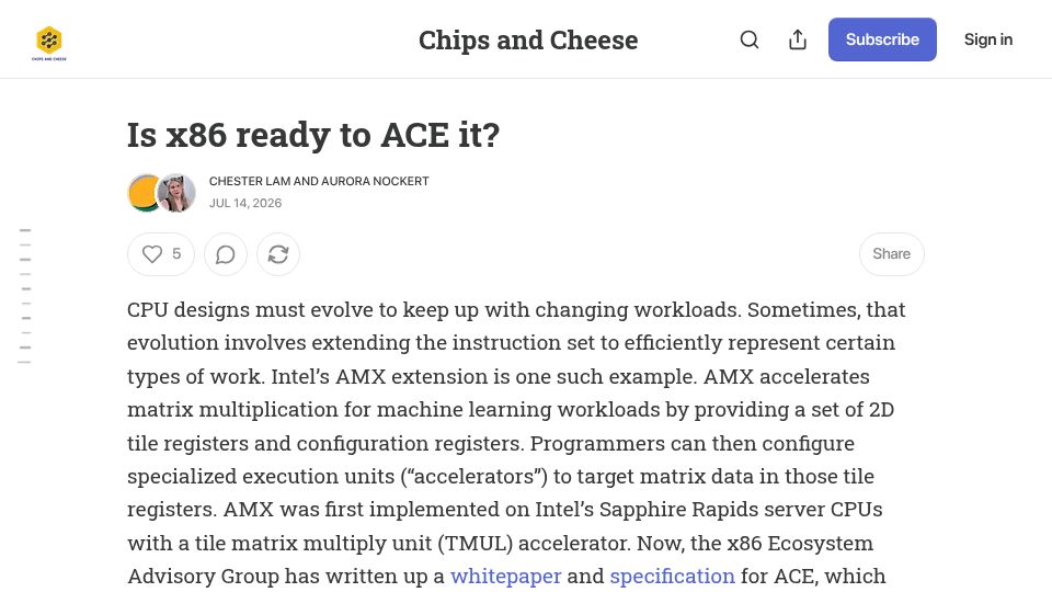 Screenshot of chipsandcheese.com: Is x86 ready to ACE it?