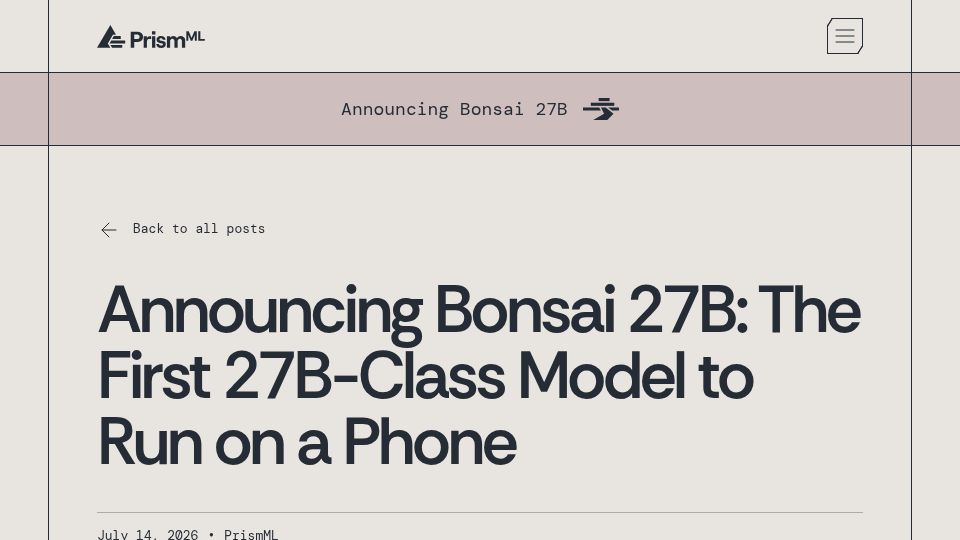 Screenshot of prismml.com: Bonsai 27B: A 27B-Class model that runs on a phone