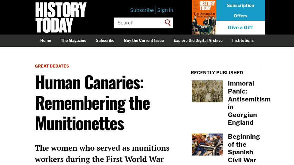 Screenshot of historytoday.com: Human Canaries: Remembering the Munitionettes