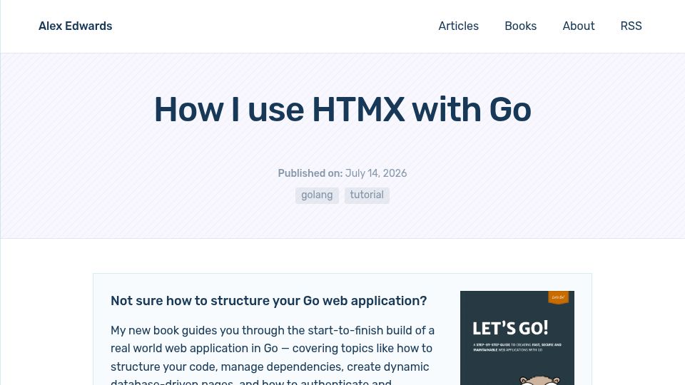 Screenshot of alexedwards.net: How I use HTMX with Go