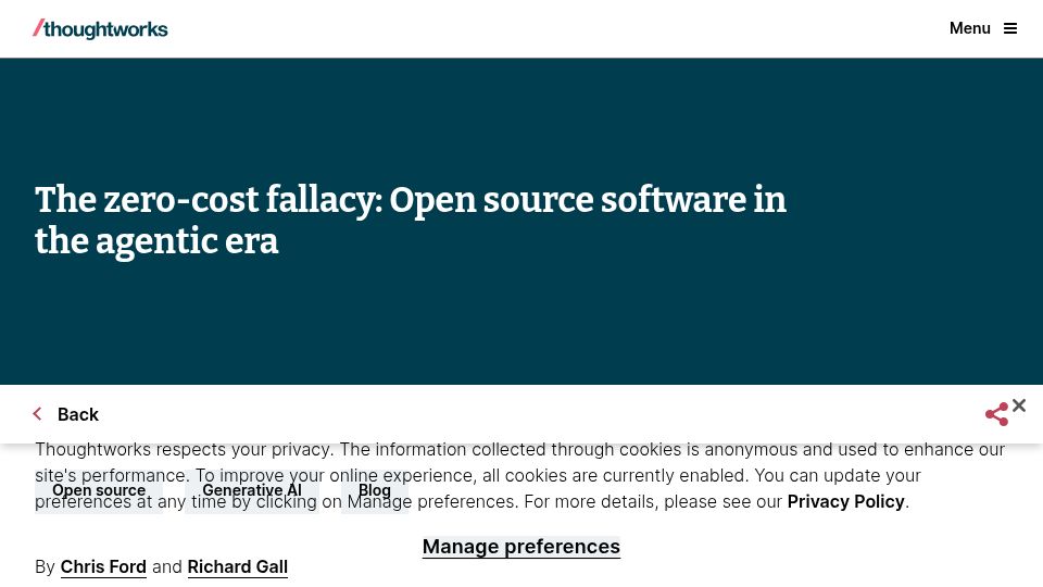 Screenshot of thoughtworks.com: The zero-cost fallacy: open-source software in the agentic era