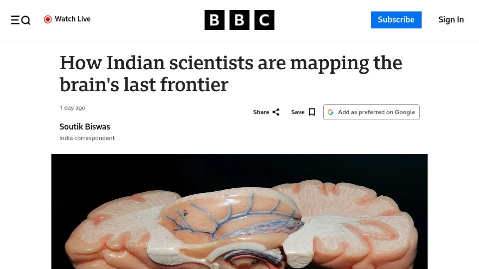 Screenshot of bbc.com: Indian scientists produce most detailed 3D atlas of the human brainstem