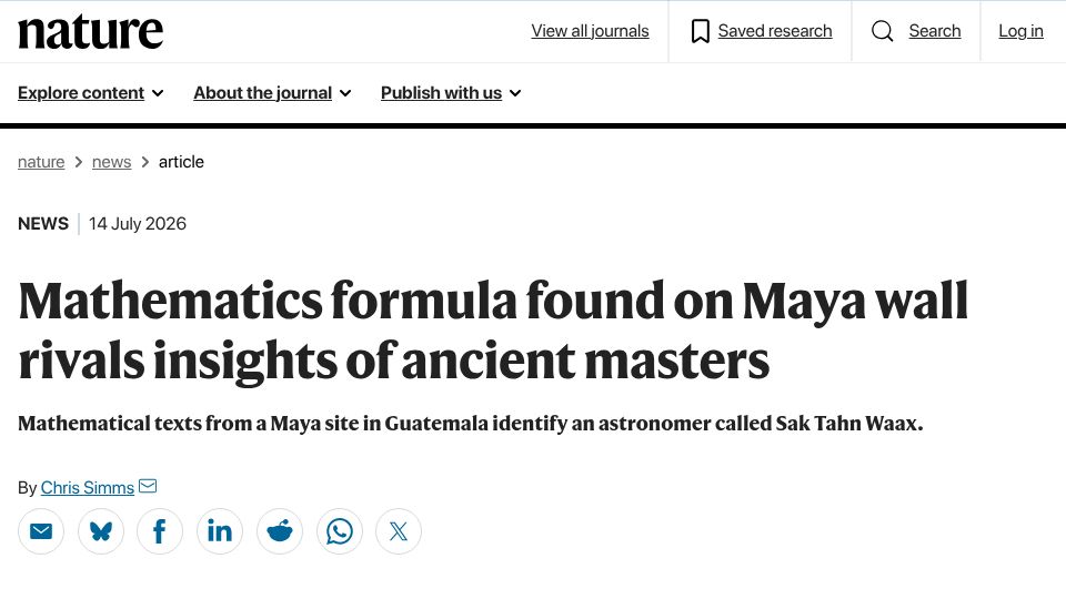 Screenshot of nature.com: Mathematical texts from a Maya site in Guatemala identify an ancient astronomer