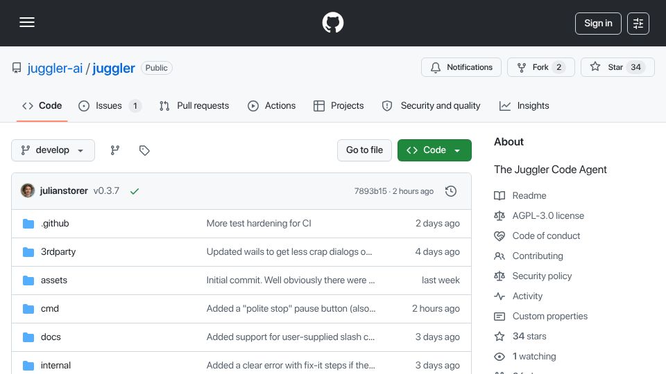 Screenshot of github.com: Show HN: Juggler – an open-source GUI coding agent, by the creator of JUCE
