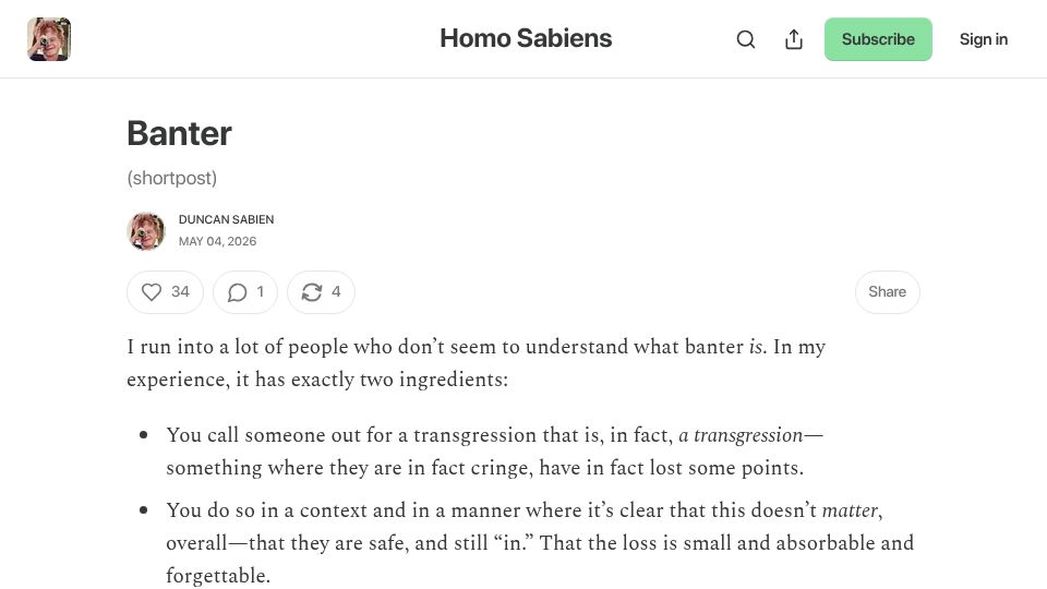 Screenshot of homosabiens.substack.com: Banter