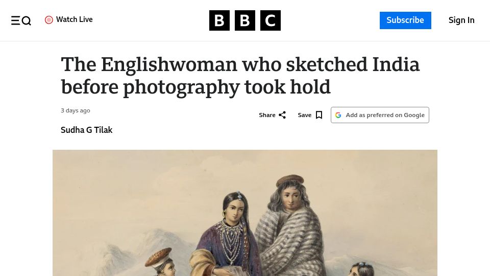 Screenshot of bbc.com: An Englishwoman who sketched India before photography took hold