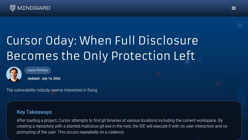 Screenshot of mindgard.ai: Cursor 0day: When Full Disclosure Becomes the Only Protection Left