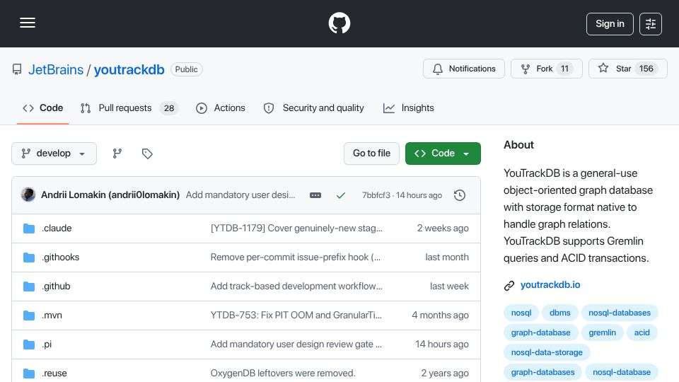Screenshot of github.com: YouTrackDB is a general-use object-oriented graph database
