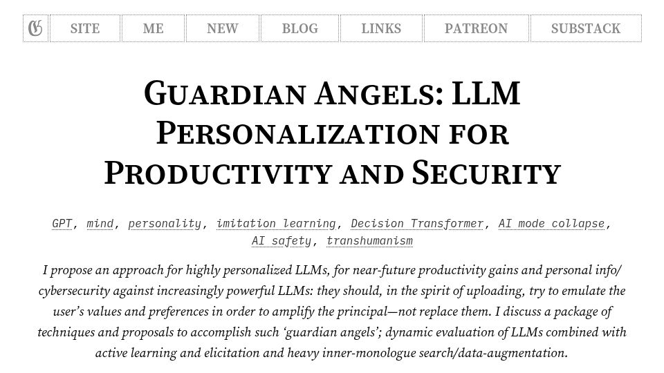 Screenshot of gwern.net: Guardian Angels: LLM Personalization for Productivity and Security