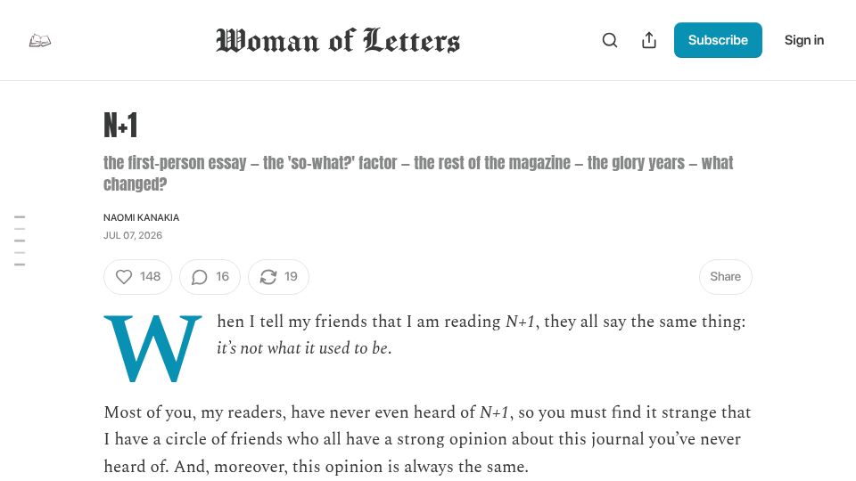 Screenshot of woman-of-letters.com: N+1