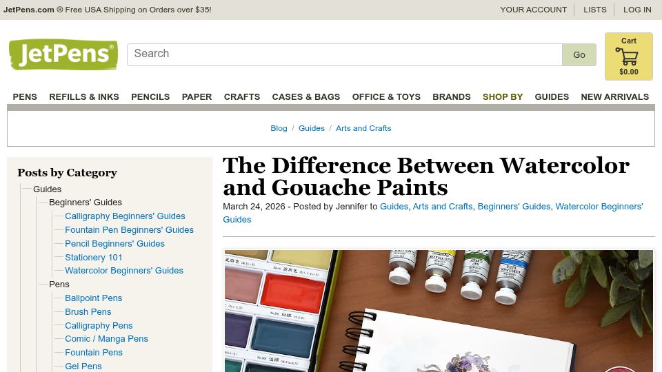 Screenshot of jetpens.com: The Difference Between Watercolor and Gouache Paints